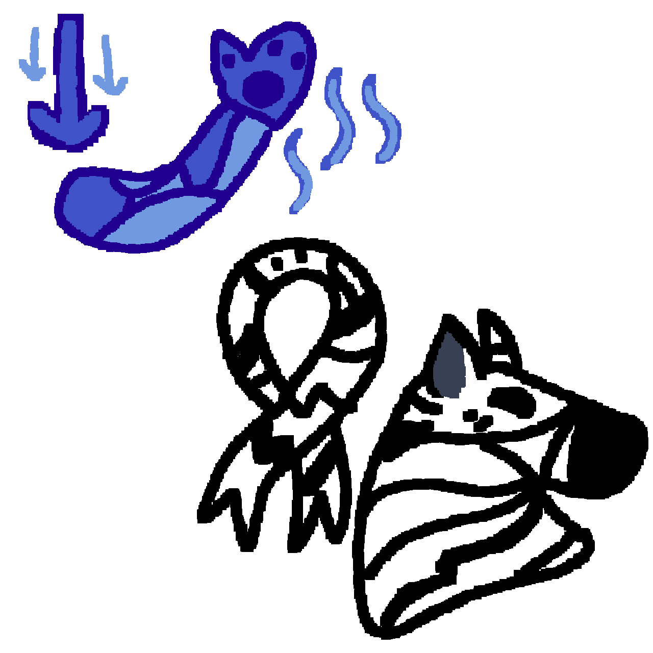 on the top is a diagram of muscles in a blue curving arm, with three arrows pointing downwards and three light blue curves representing weakness. on the bottom right corner is a white ribbon with black stripes next to the bust of a zebra, who has a white body with black stripes